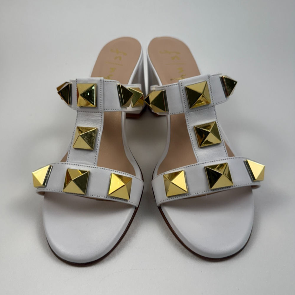 French Sole FS/NY Oversized Gold Tone Studded Adel Block Heels White 9.5 NWT